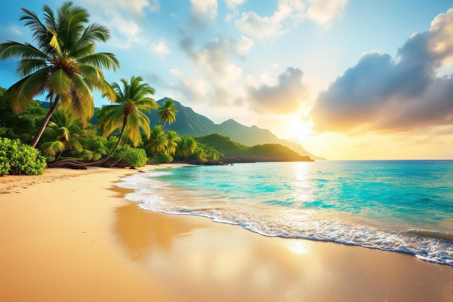 Plage sablonneuse avec palmiers et montagnes verdoyantes