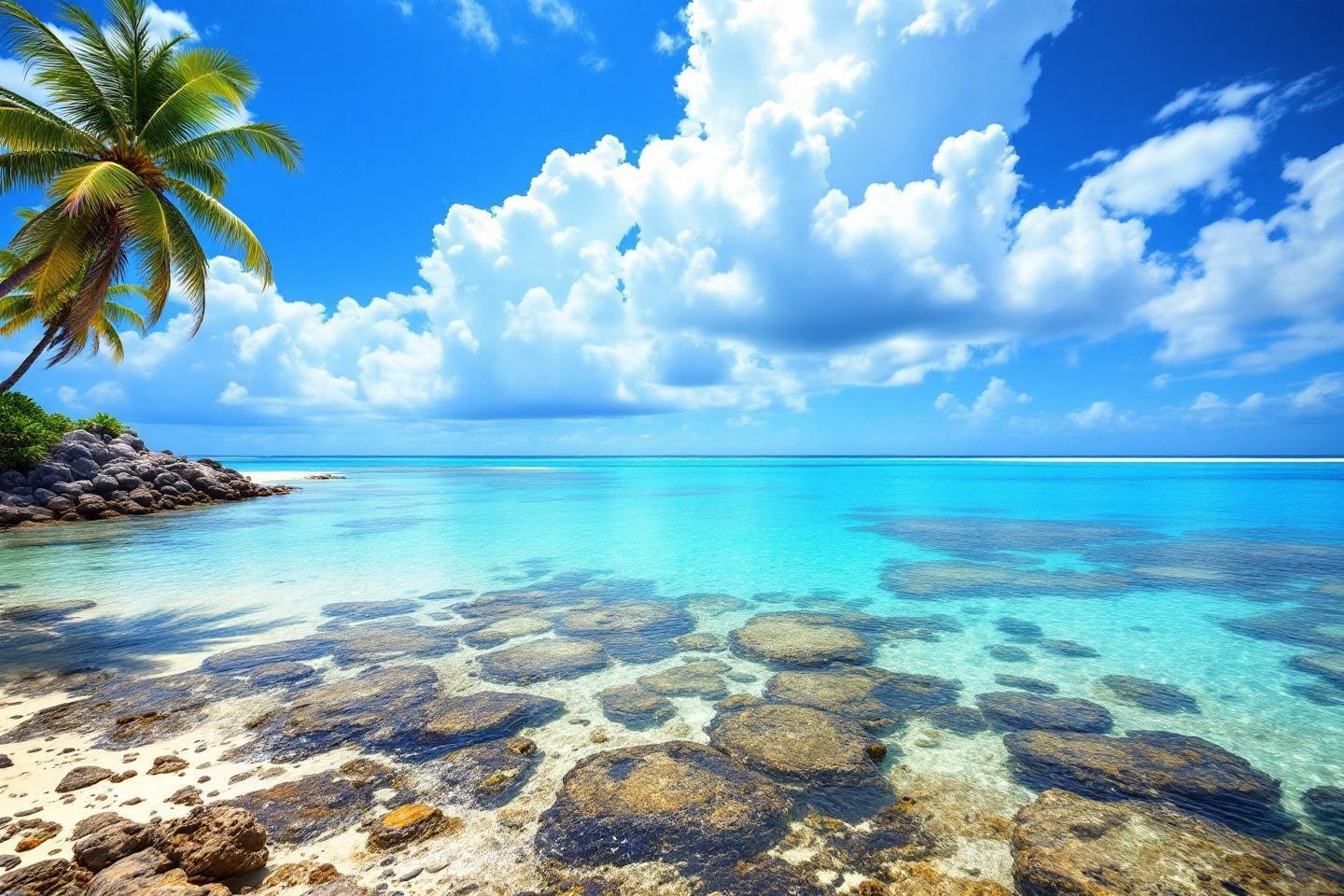 Palmier et rochers dans une mer bleue cristalline