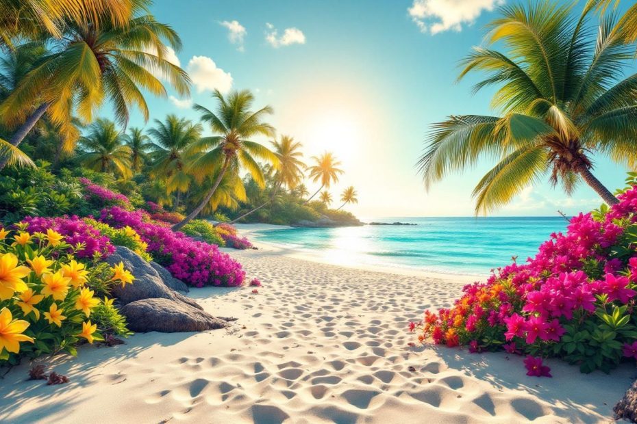 Plage de sable blanc, palmiers et bougainvilliers au soleil couchant