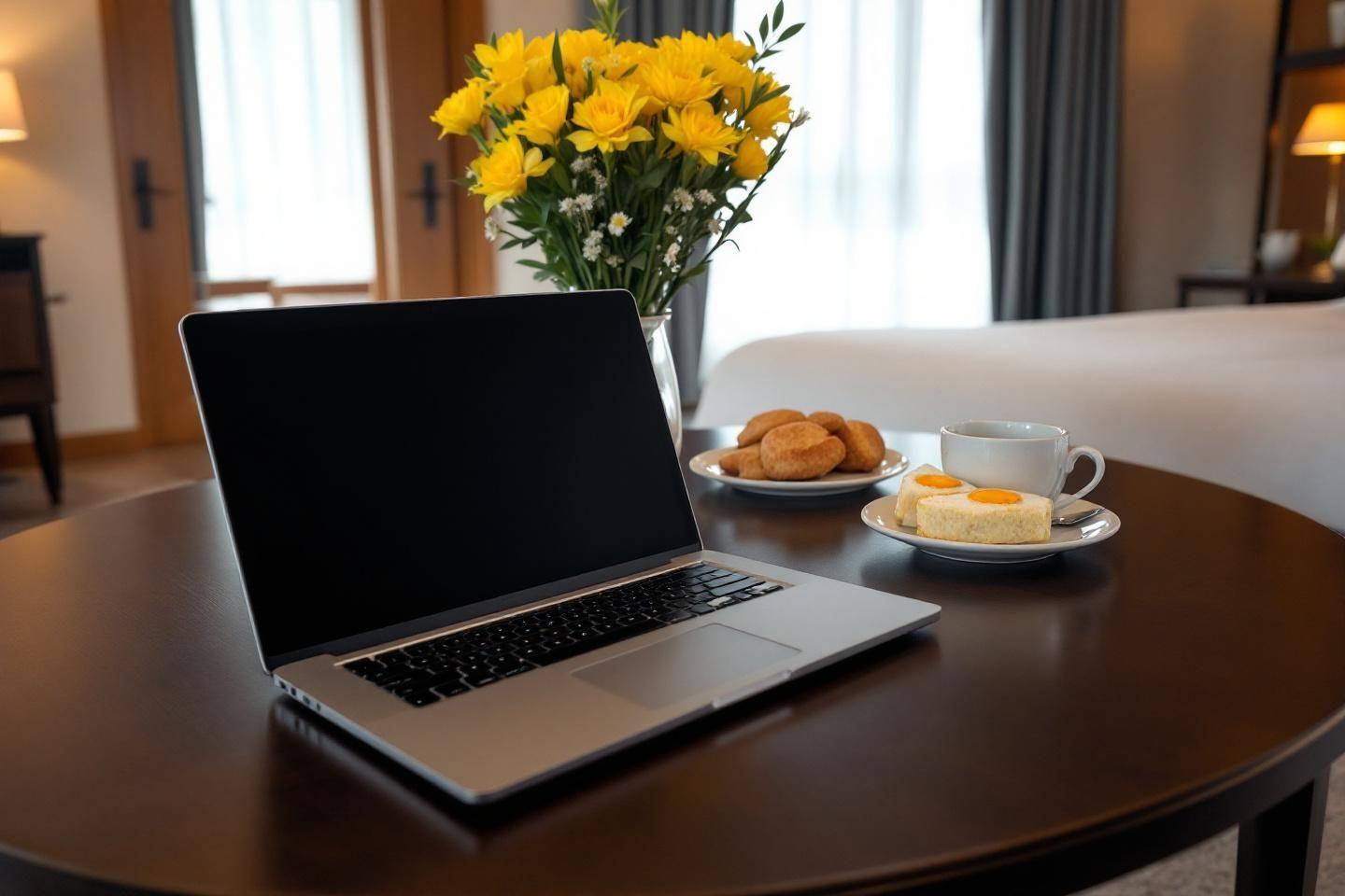 Ordinateur portable, viennoiseries et café près d'un bouquet de fleurs jaunes