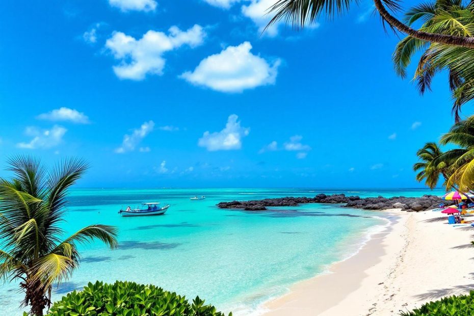 Palmiers et bateau bleu sur une plage paradisiaque ensoleillée