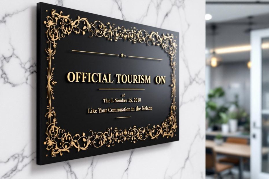 Plaque noire et dorée avec ornements, texte officiel de tourisme