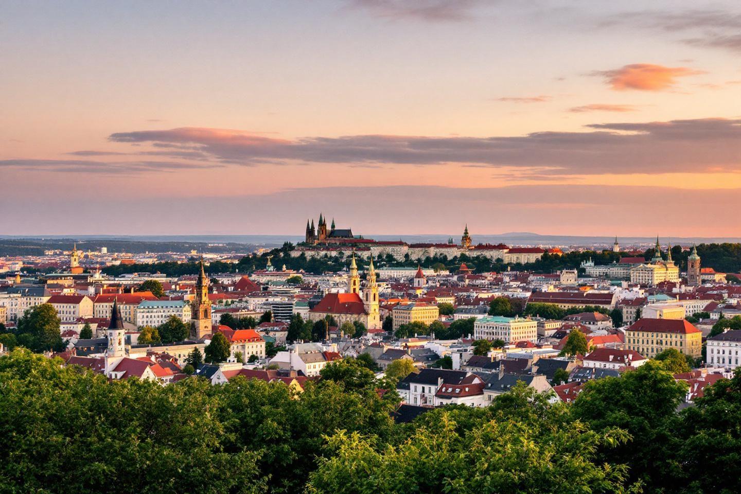 Vue aérienne de Prague avec château et toits colorés
