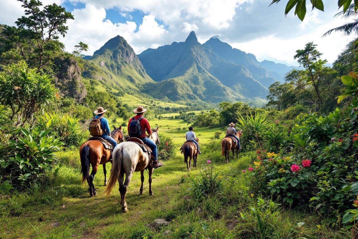 Cavaliers à cheval dans un paysage tropical montagneux verdoyant