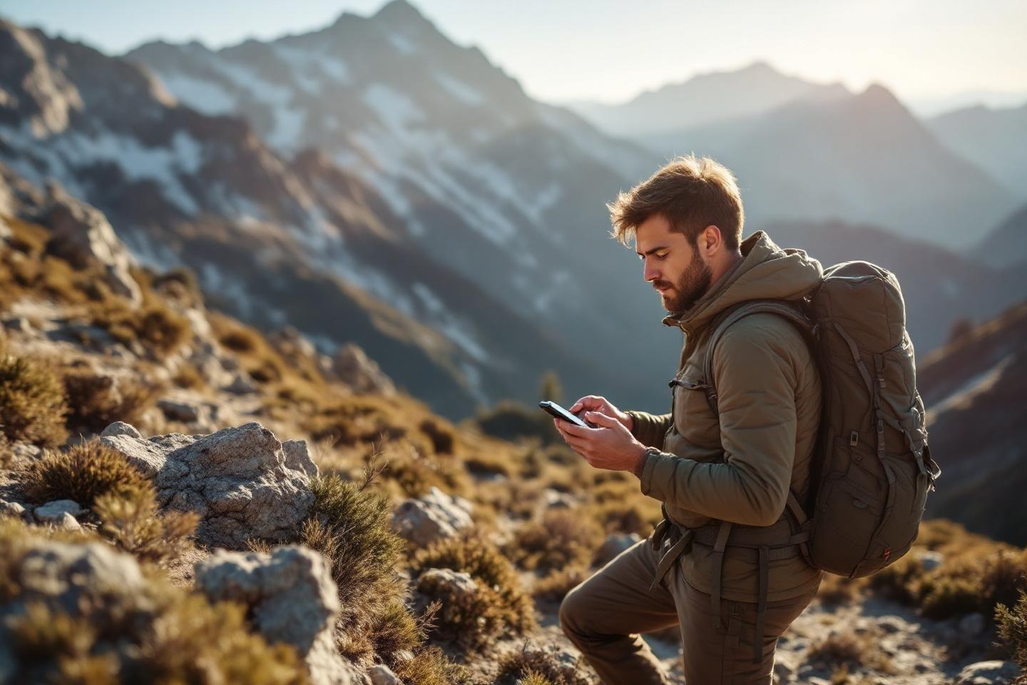 Homme avec sac à dos en montagne, regardant un smartphone