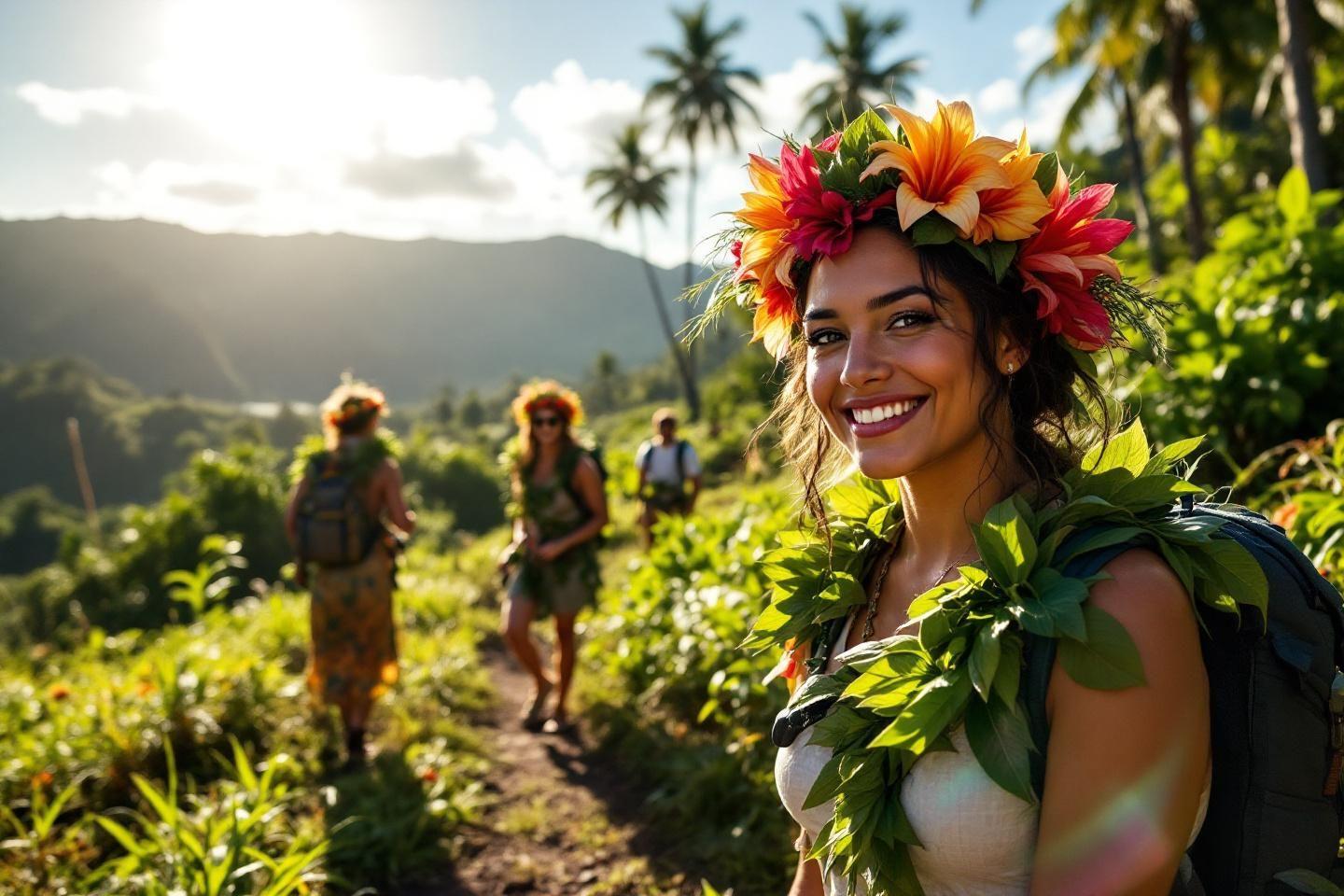 Groupe de randonneurs dans un paysage verdoyant de montagne
