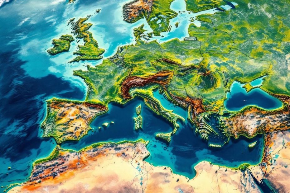 Carte en relief coloré montrant la géographie européenne