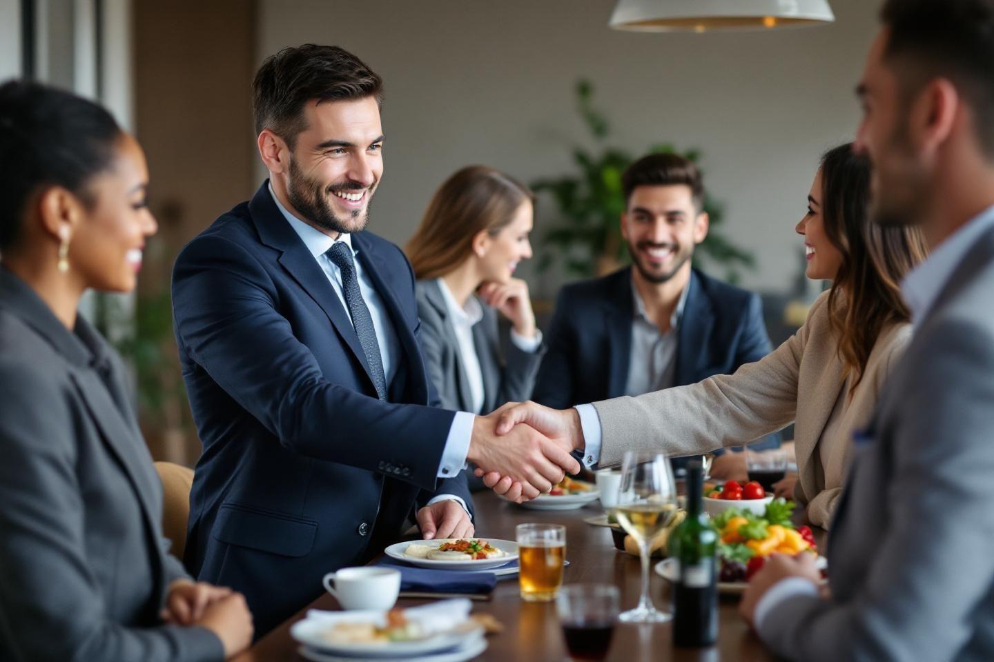 Gens d'affaires souriants se serrant la main lors d'un déjeuner