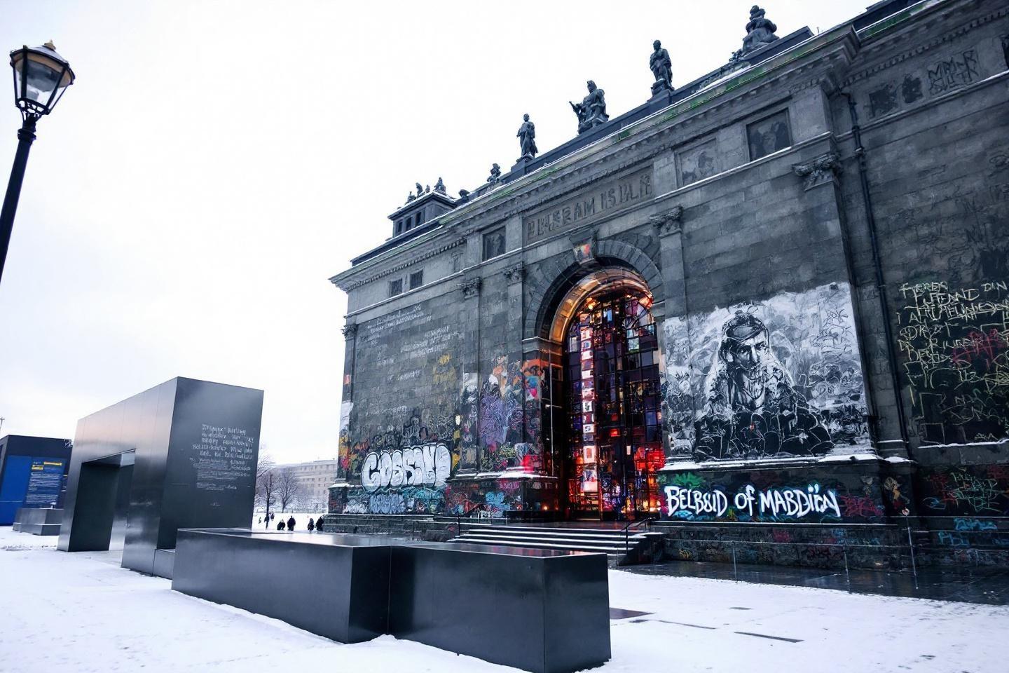 Façade ancienne couverte de graffitis sous la neige hivernale
