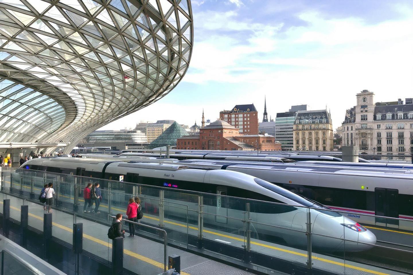 Train à grande vitesse à quai dans une gare contemporaine