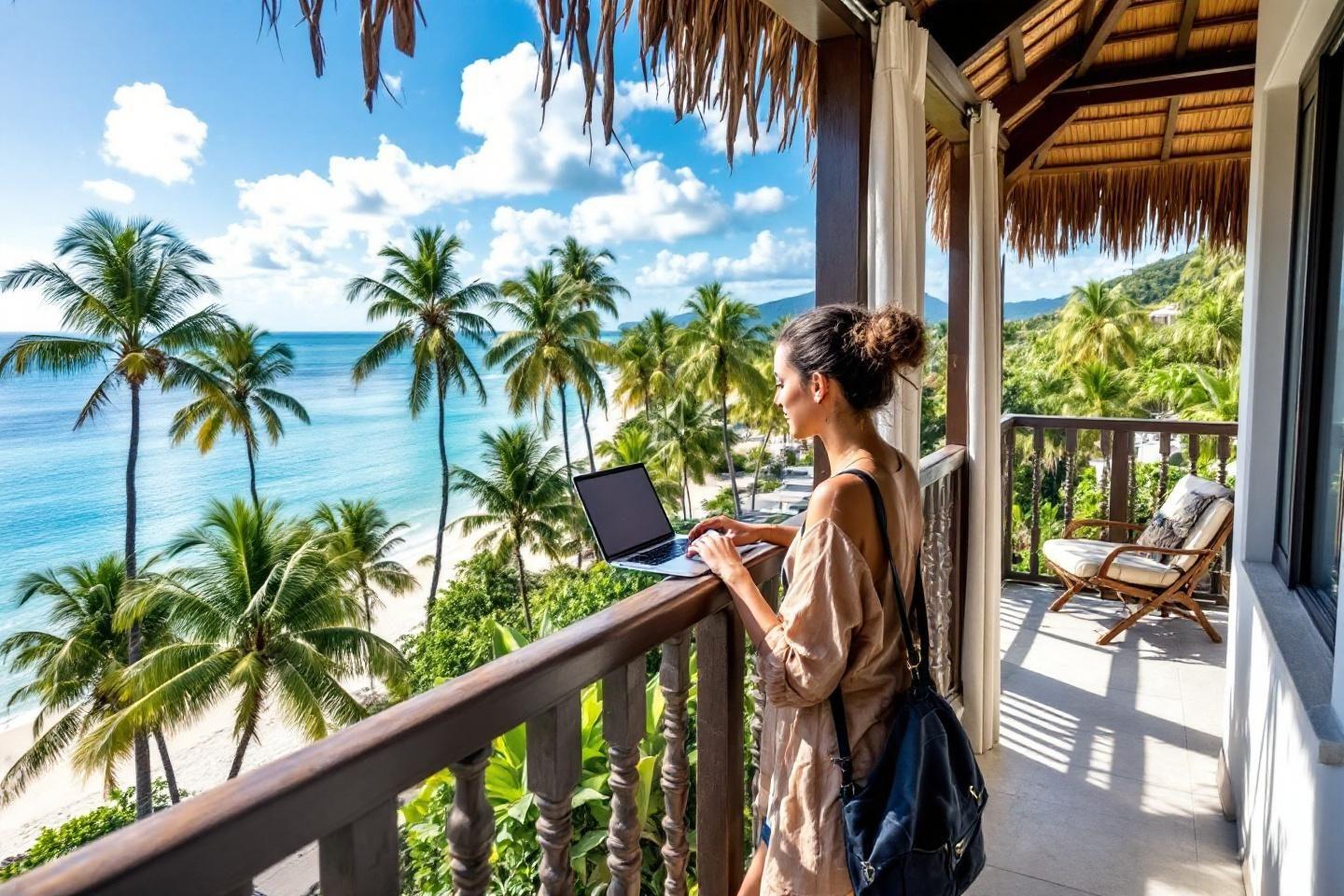 Femme travaillant sur ordinateur portable sur un balcon face à la mer