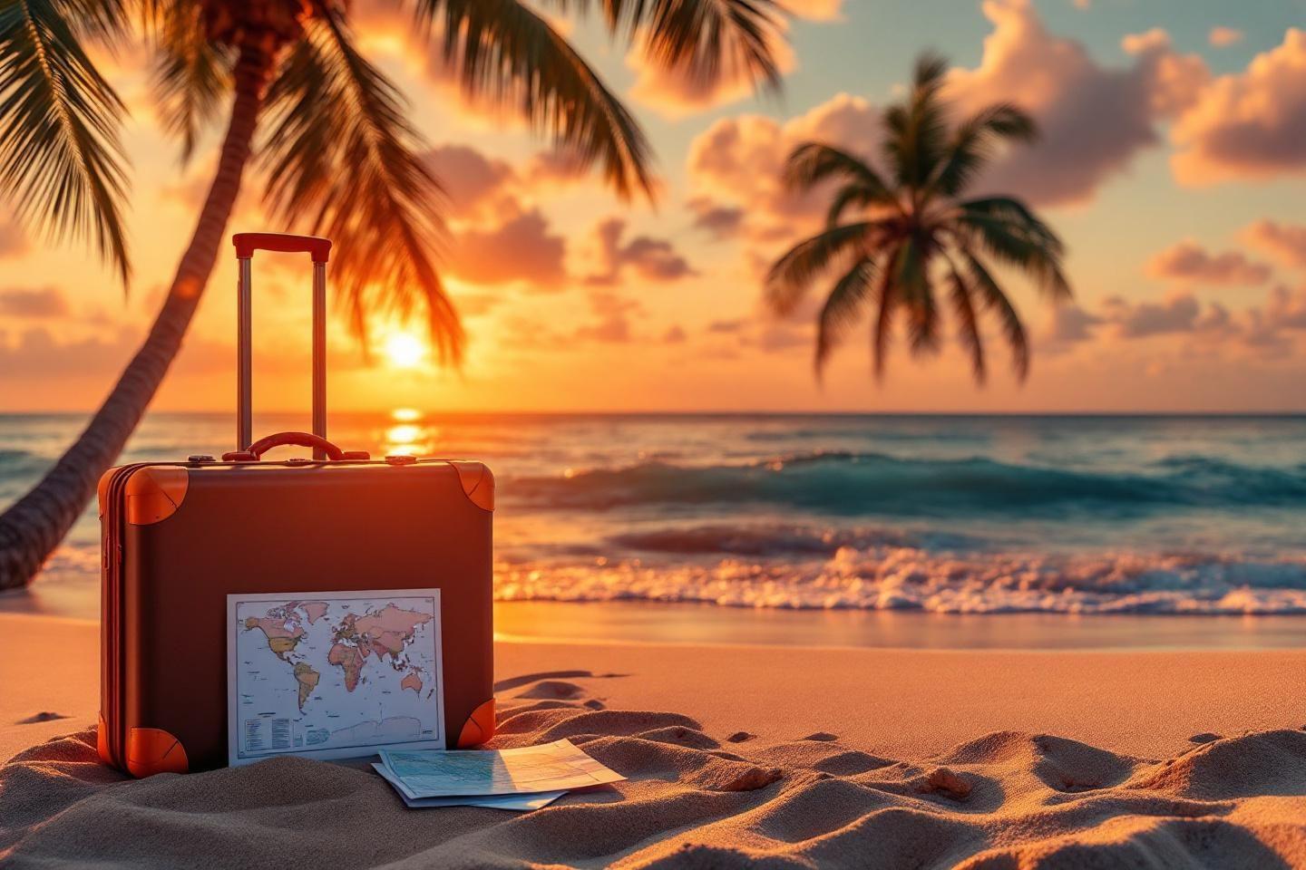 Valise sur plage tropicale au coucher