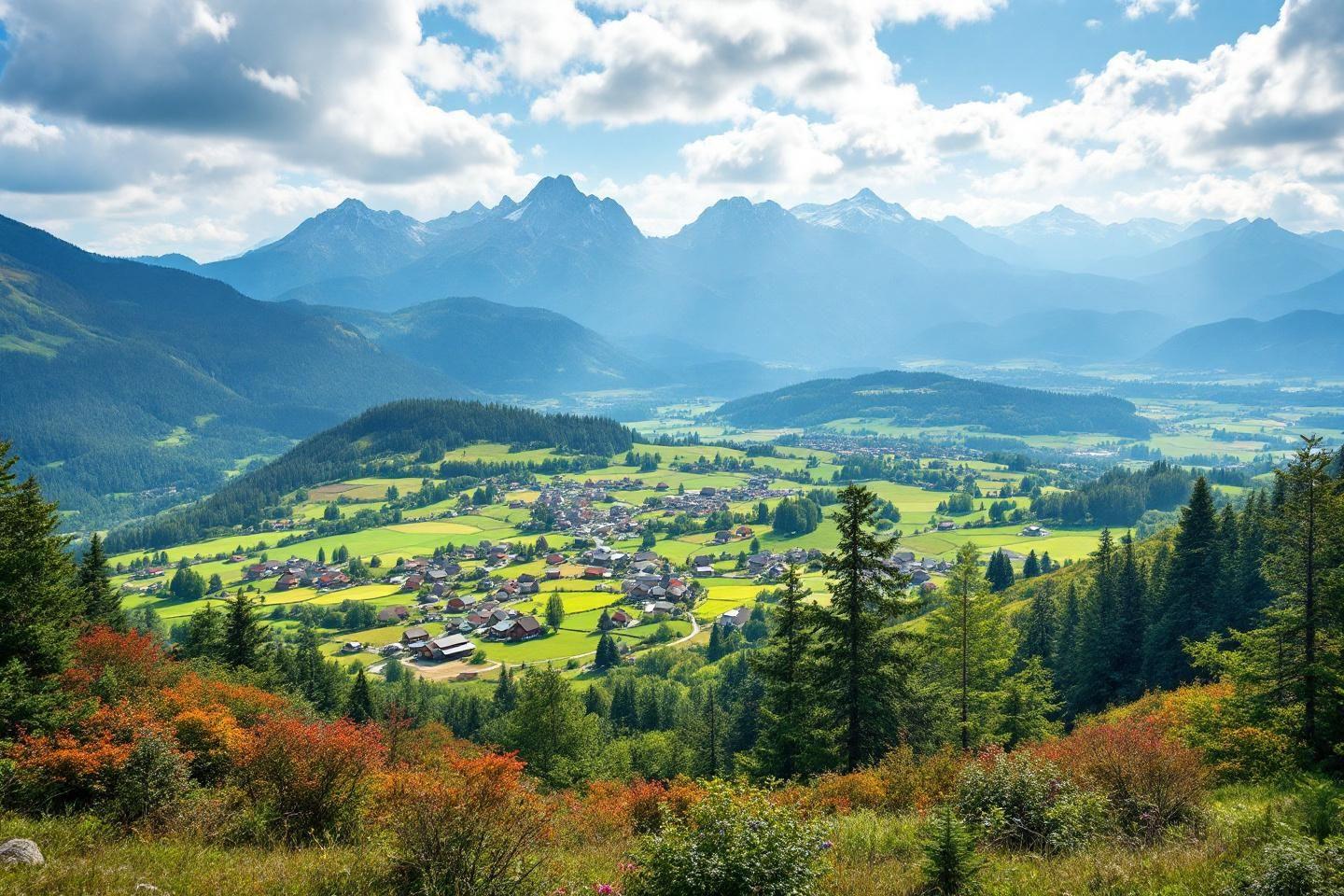 Vue panoramique d'un village entouré de montagnes verdoyantes