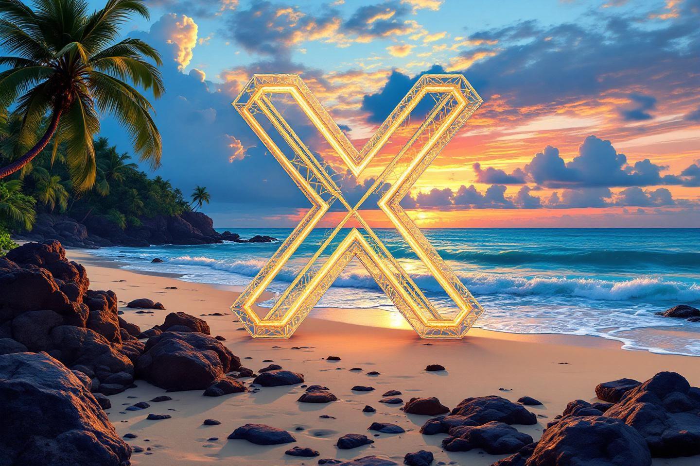 Grande structure X dorée sur une plage rocheuse au coucher du soleil