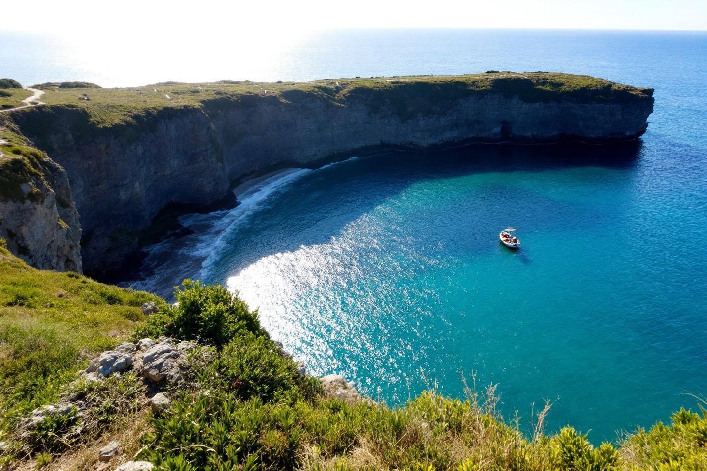 Falaises abruptes et mer bleue avec bateau