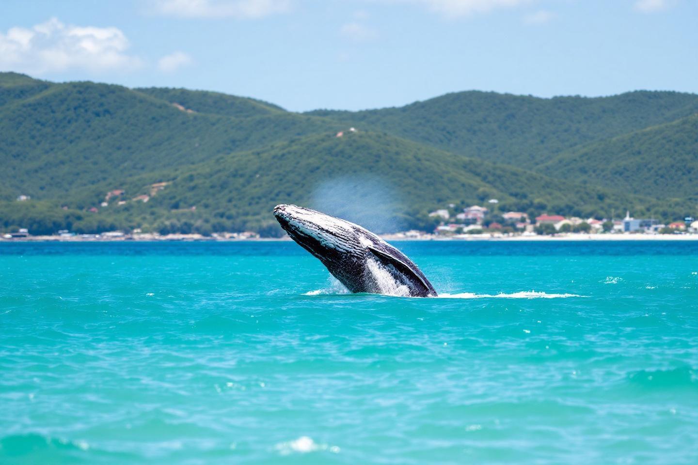 Grande baleine s'élevant hors des eaux turquoises près de la côte