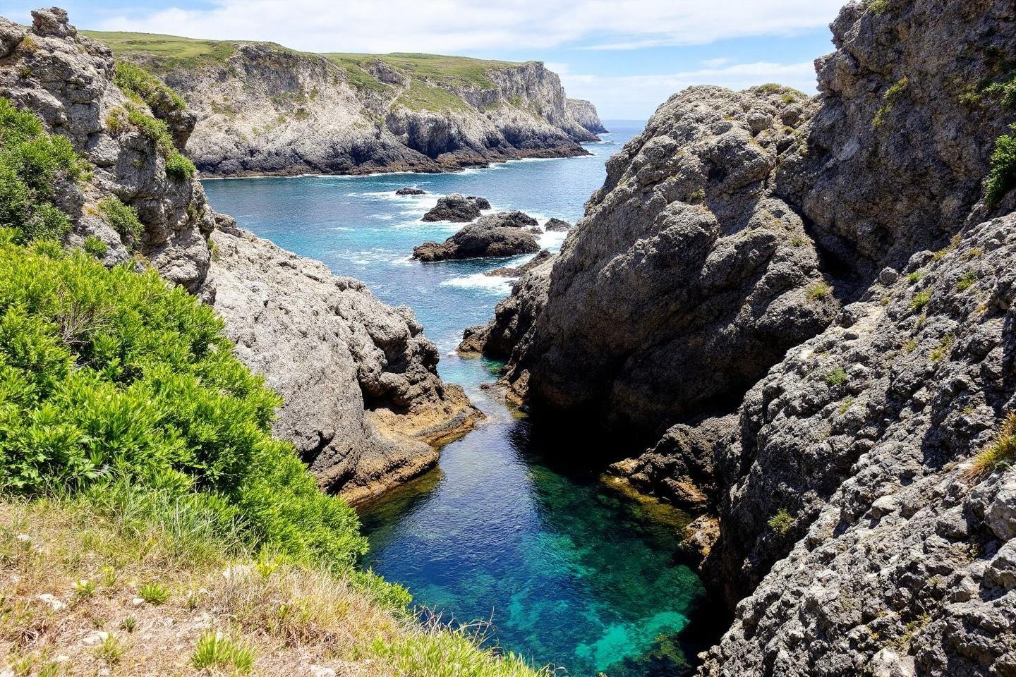 Falaises déchiquetées et mer cristalline dans une crique sauvage