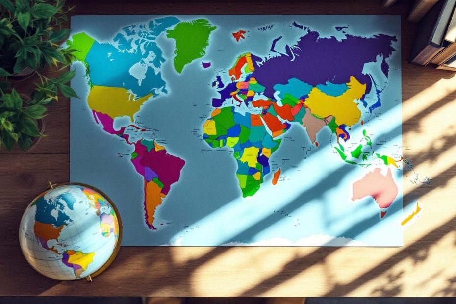 Carte mondiale colorée avec globe sur un bureau en bois