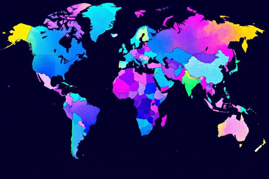 Carte mondiale abstraite aux couleurs vives sur fond sombre
