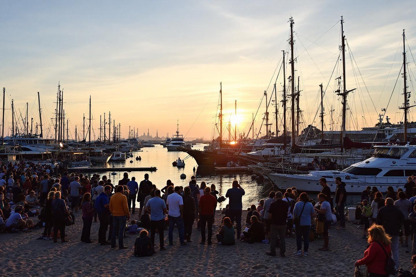 Foule contemplant des voiliers au crépuscule