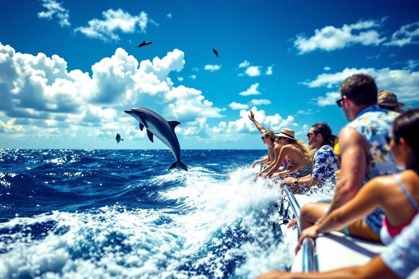 Dauphins sautant près d'un bateau de touristes sous un ciel bleu