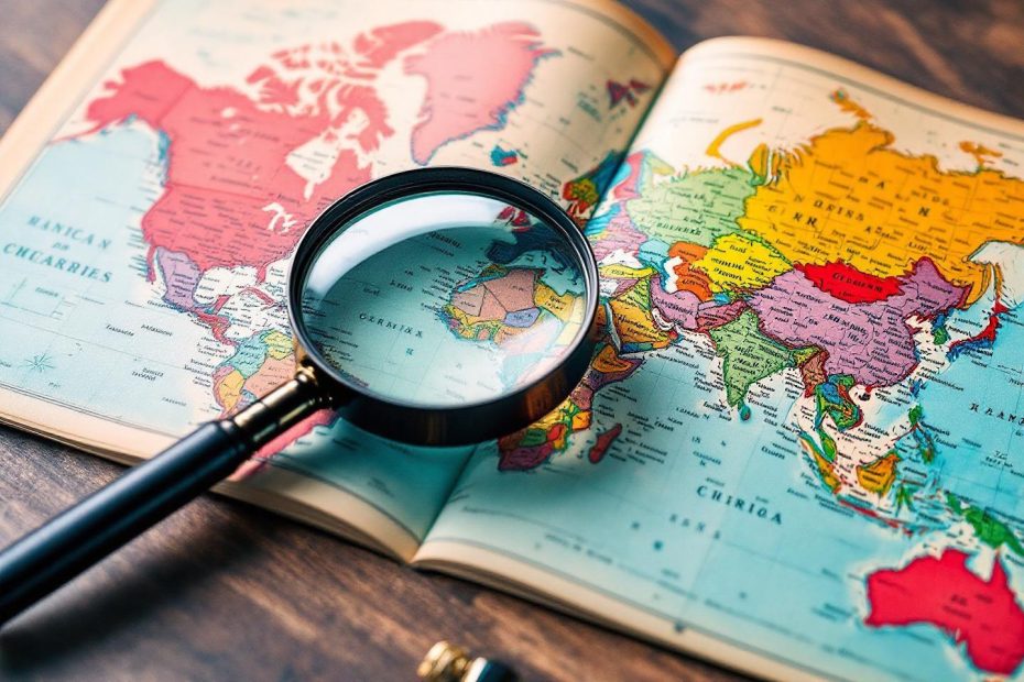 Loupe sur carte du monde colorée, posée sur table en bois