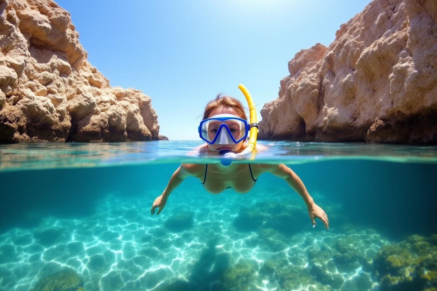 Plongeur avec masque et tuba dans une eau turquoise cristalline