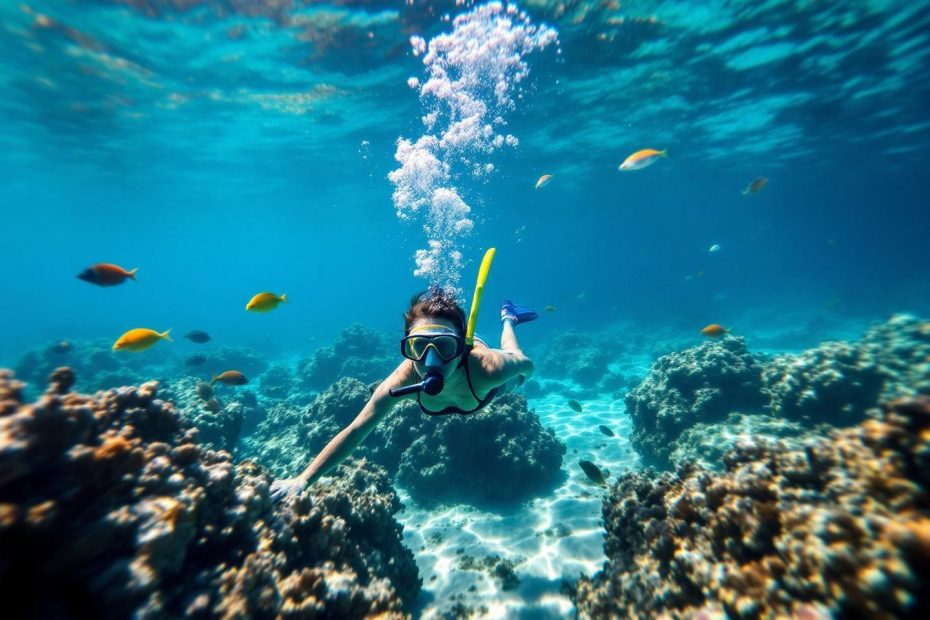 Plongeur avec masque et tuba nageant près de coraux