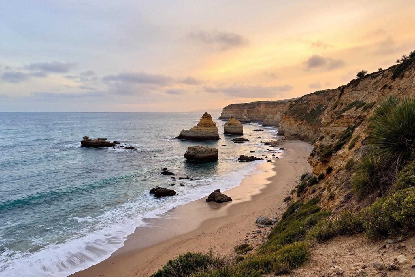 Plage paisible avec falaises rocheuses et océan au coucher du soleil