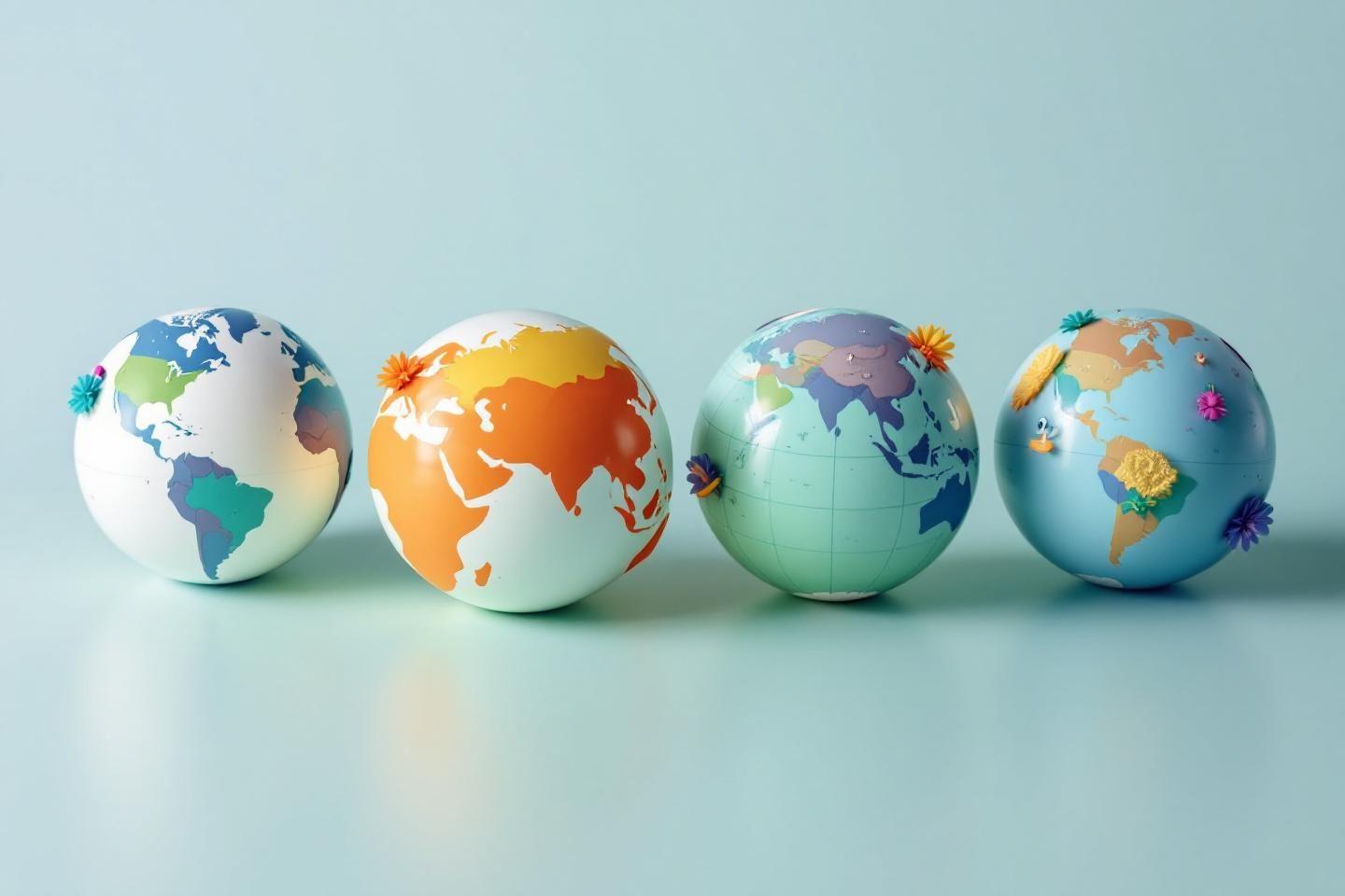 Quatre globes colorés avec des fleurs, différentes perspectives mondiales