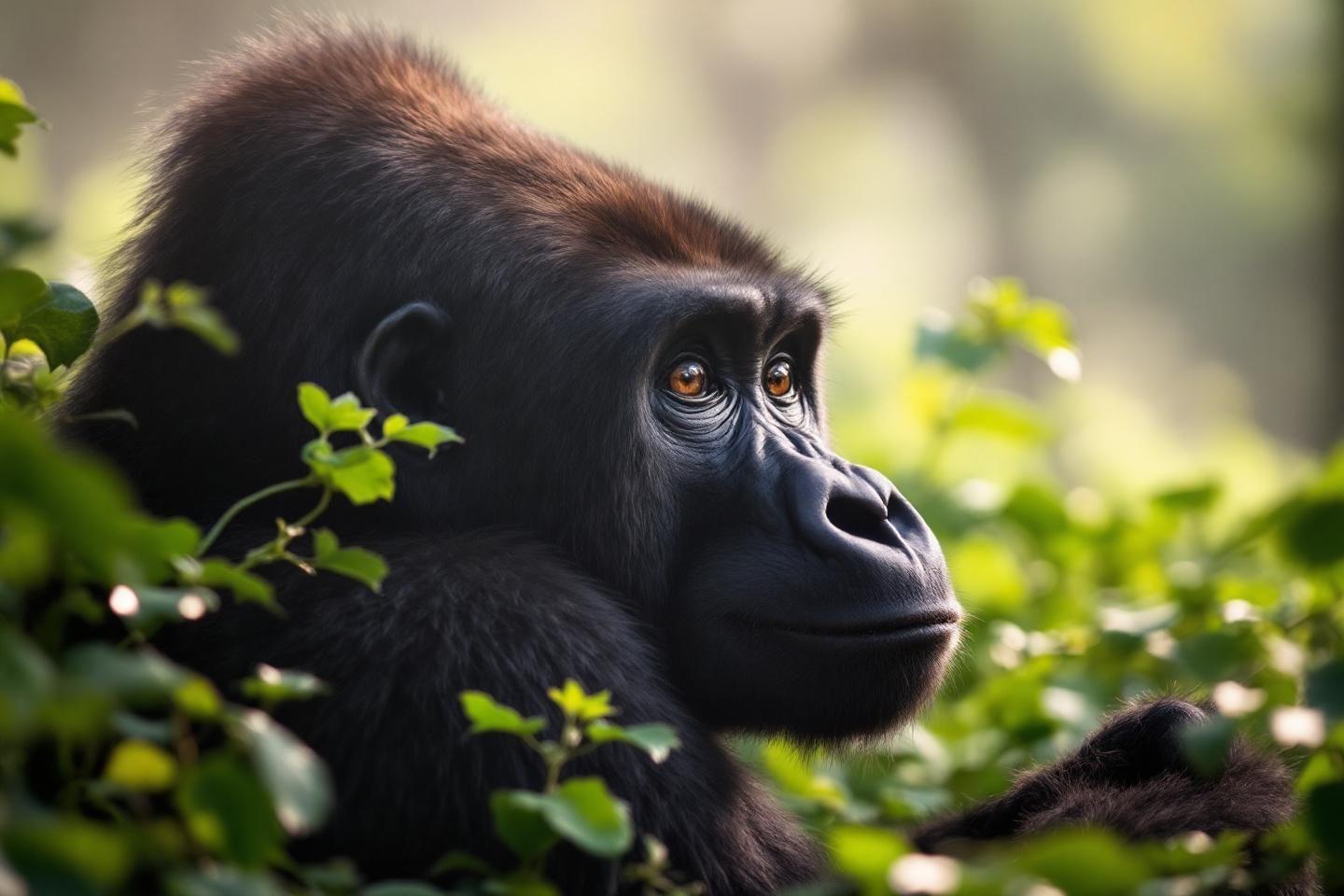 Gros plan d'un jeune gorille regard mélancolique dans les feuilles vertes