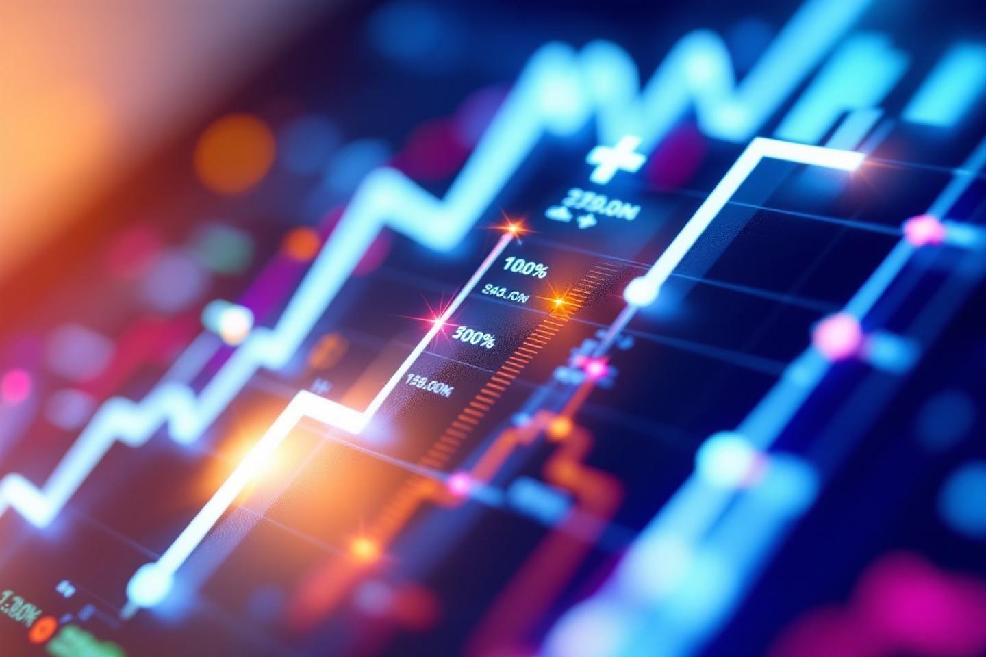 Graphique boursier lumineux avec courbe ascendante et pourcentages