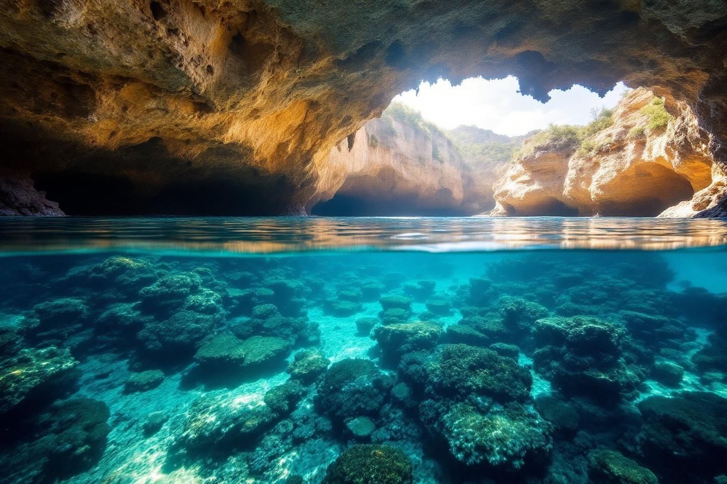Intérieur d'une cavité rocheuse avec eau cristalline et récifs