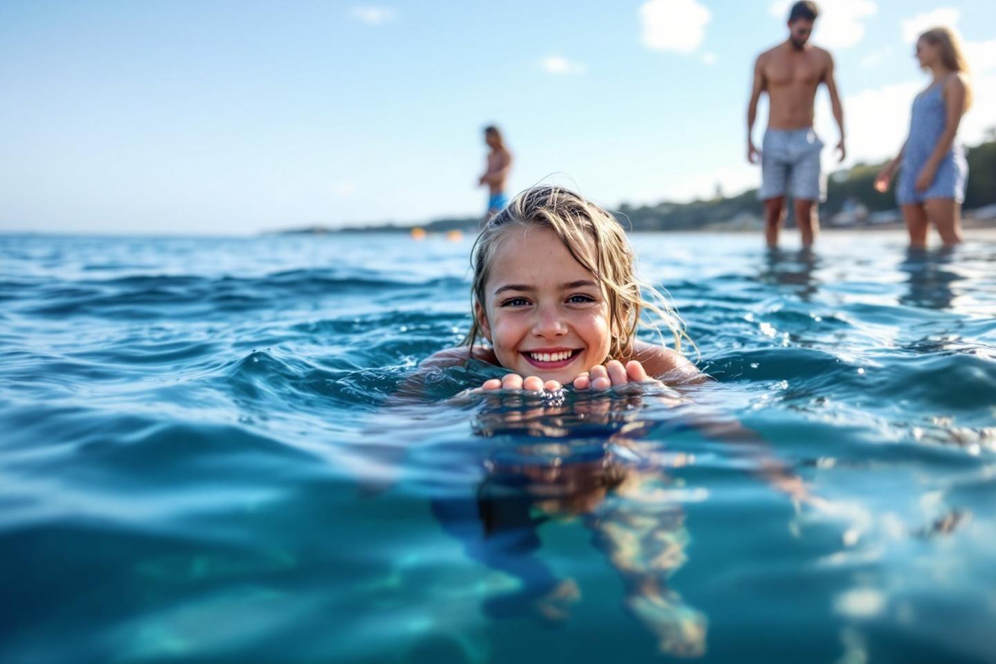 Enfant souriante nageant dans une mer bleue paisible