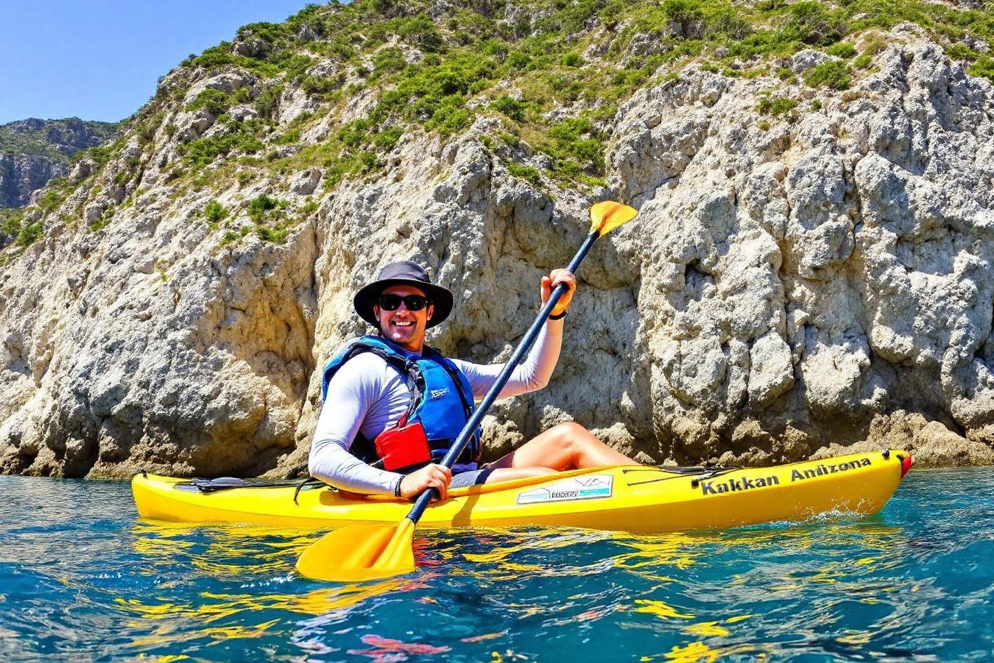 Kayakiste souriant pagayant près de falaises blanches
