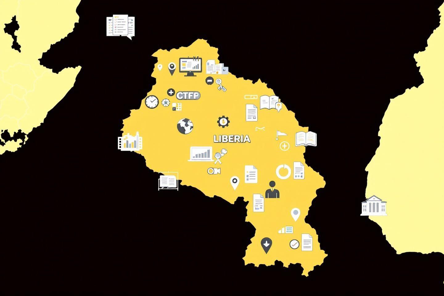 Carte du Liberia en jaune avec des icônes de données et documents