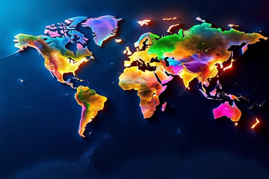 Carte mondiale multicolore brillante sur fond sombre spatial