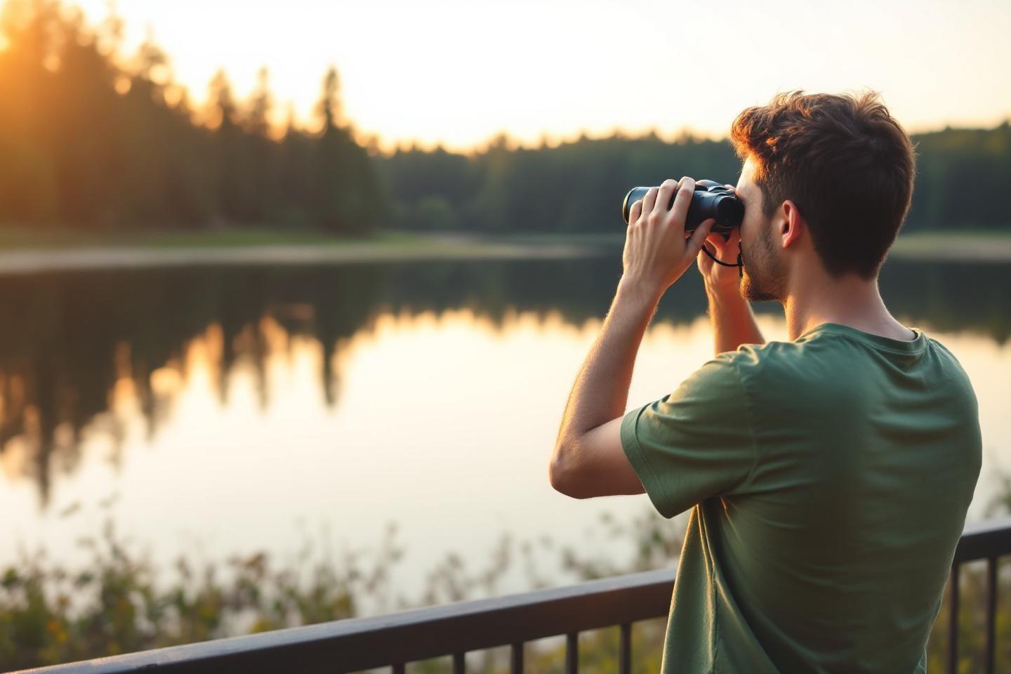 Dos d'une personne avec jumelles devant un lac paisible