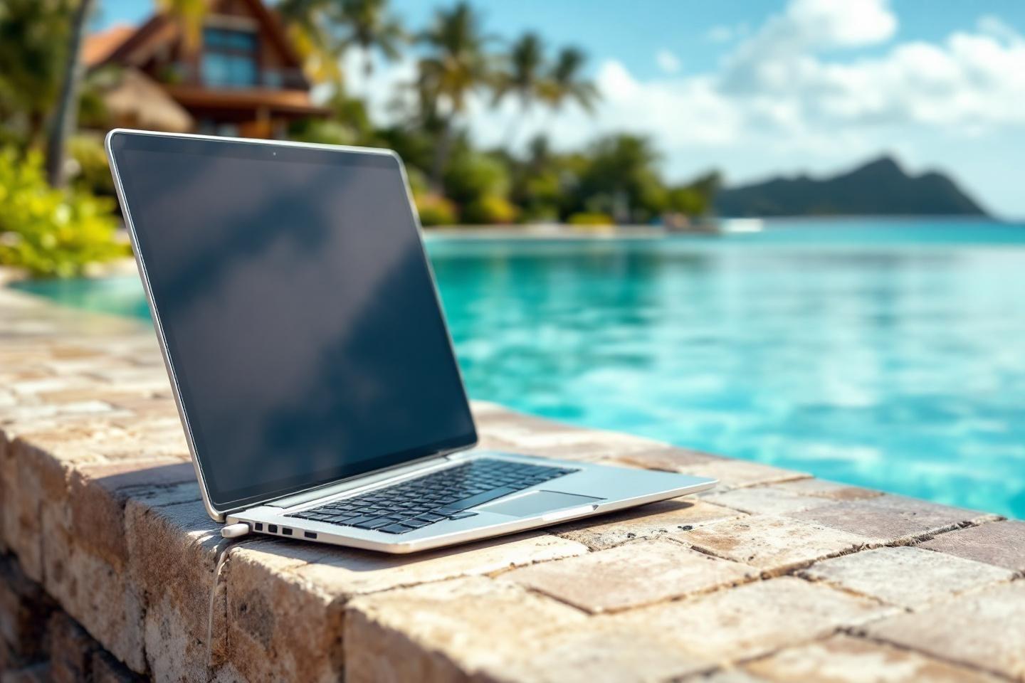 Ordinateur portable sur des dalles de pierre avec vue sur une piscine tropicale