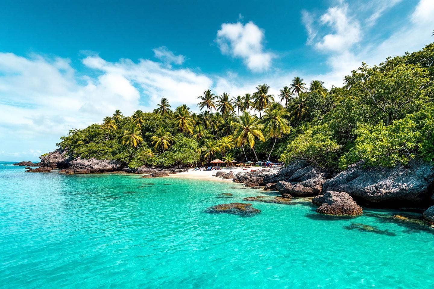 Plage rocheuse avec palmiers et eau cristalline bleue