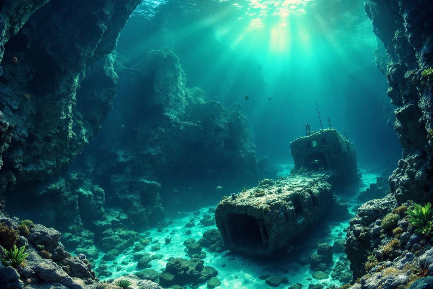 Bateau coulé dans une grotte marine aux eaux turquoises lumineuses