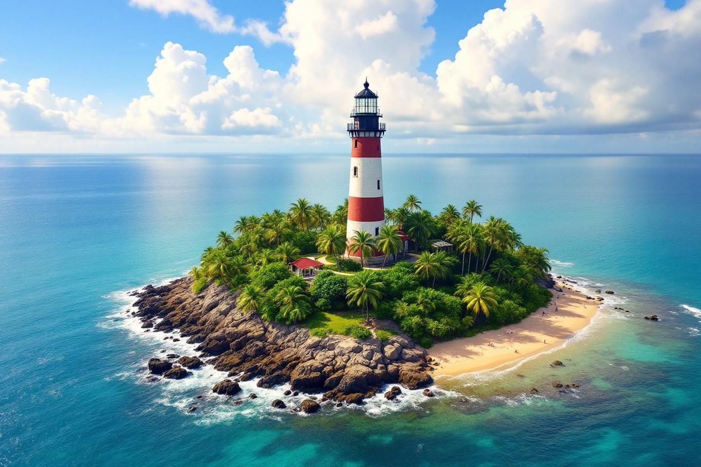 Phare rouge et blanc sur une île avec palmiers entourée d'océan bleu