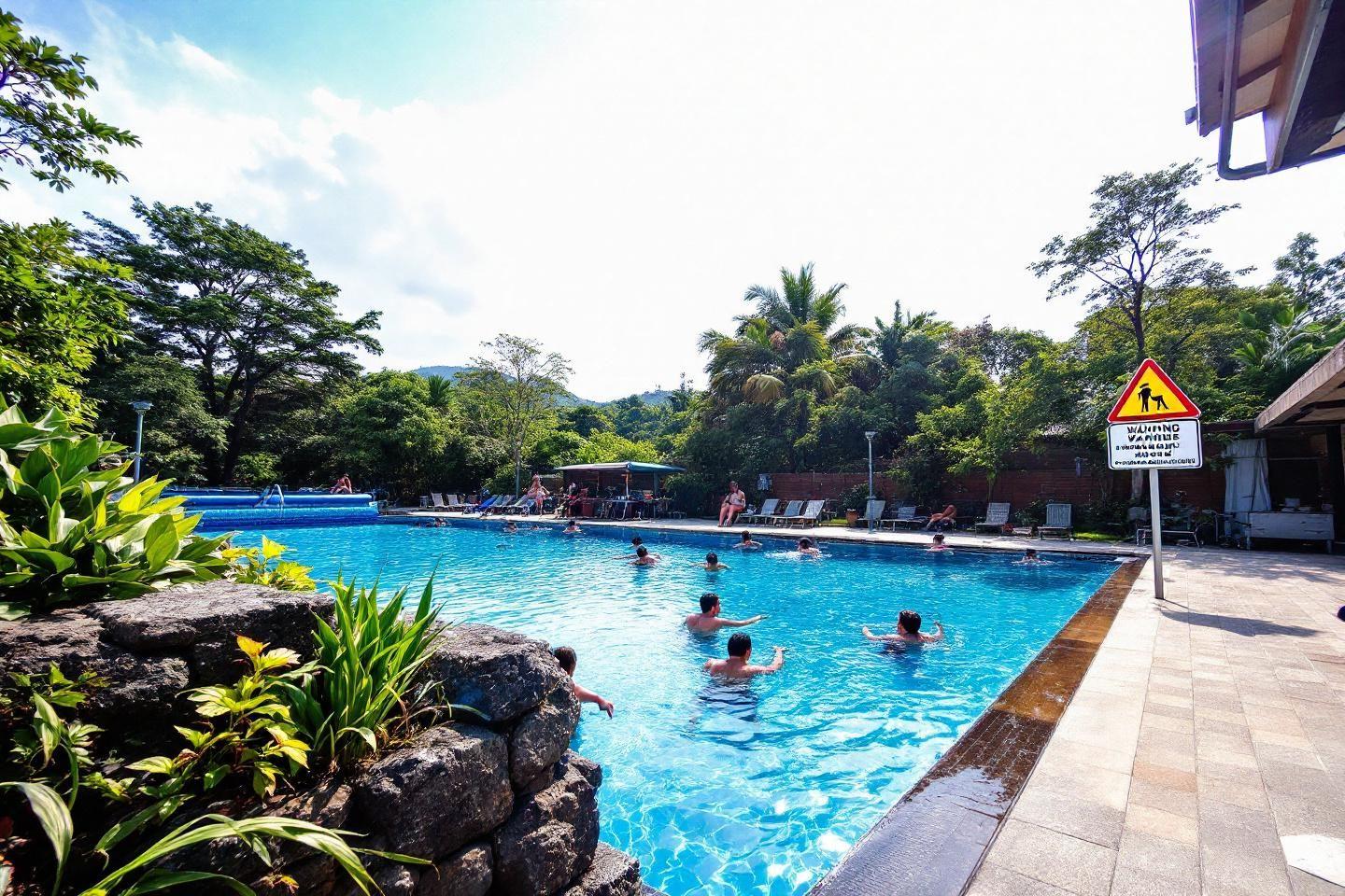 Piscine bleue entourée de plantes et d'arbres tropicaux
