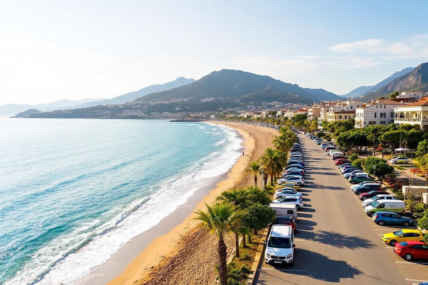 Vue panoramique d'une plage ensoleillée avec des voitures garées