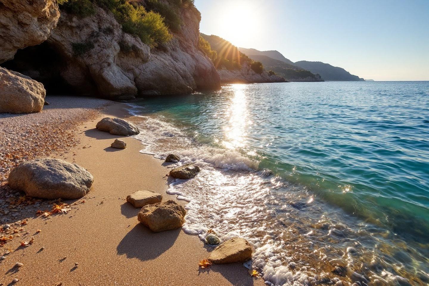 Vagues douces sur sable, rochers et mer paisible