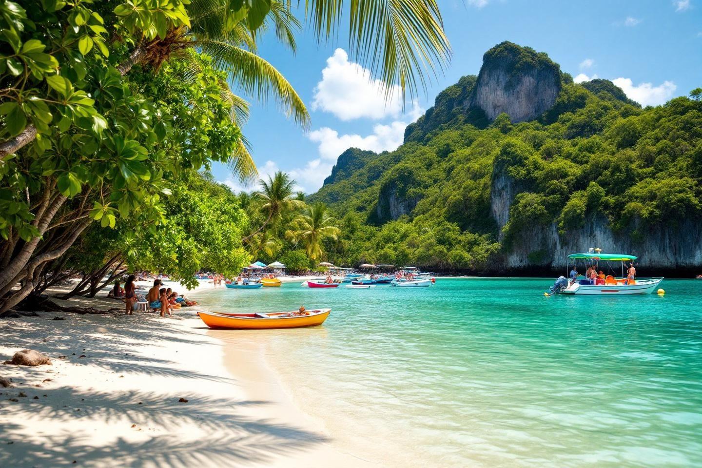 Baie turquoise avec bateaux et montagnes verdoyantes