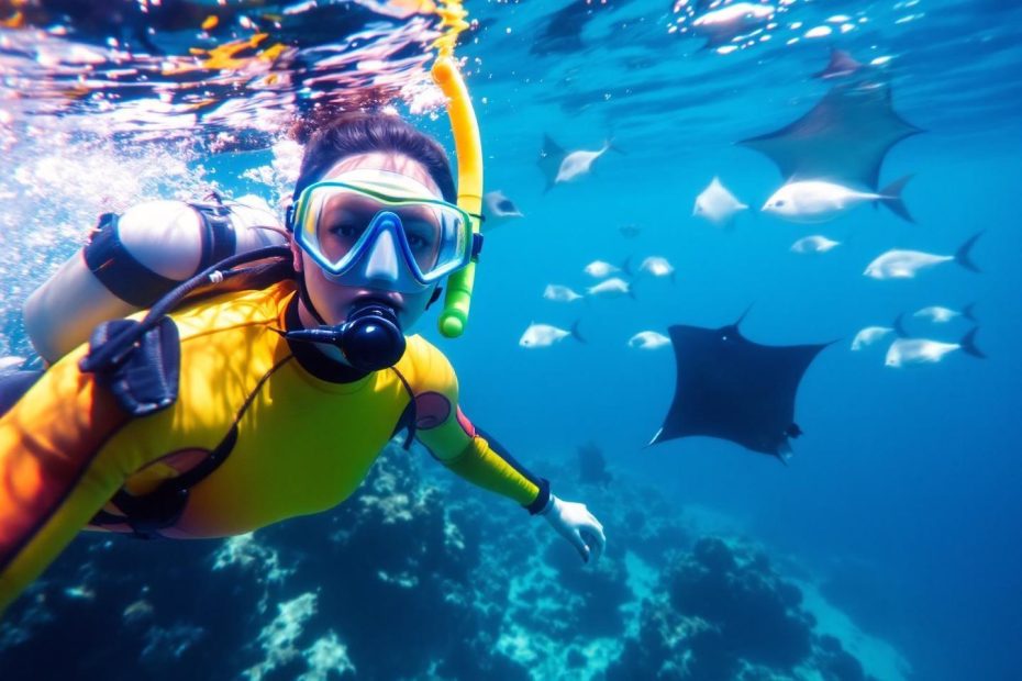 Plongeur en combinaison jaune nageant près de raies marines