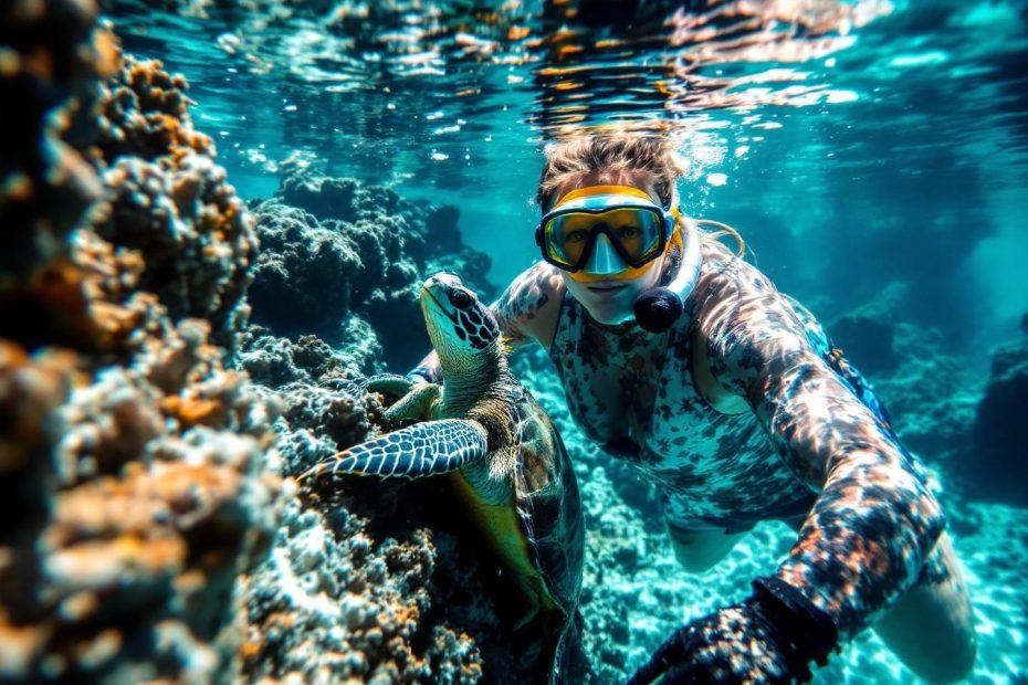 Plongeur en masque près d'une tortue marine sous-marine
