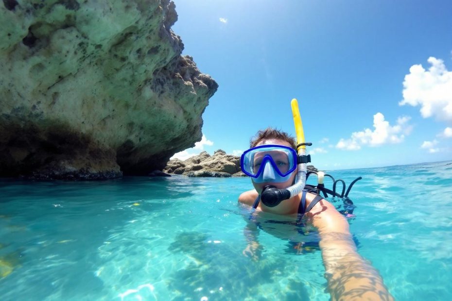 Plongeur avec masque et tuba dans une mer bleue près des rochers