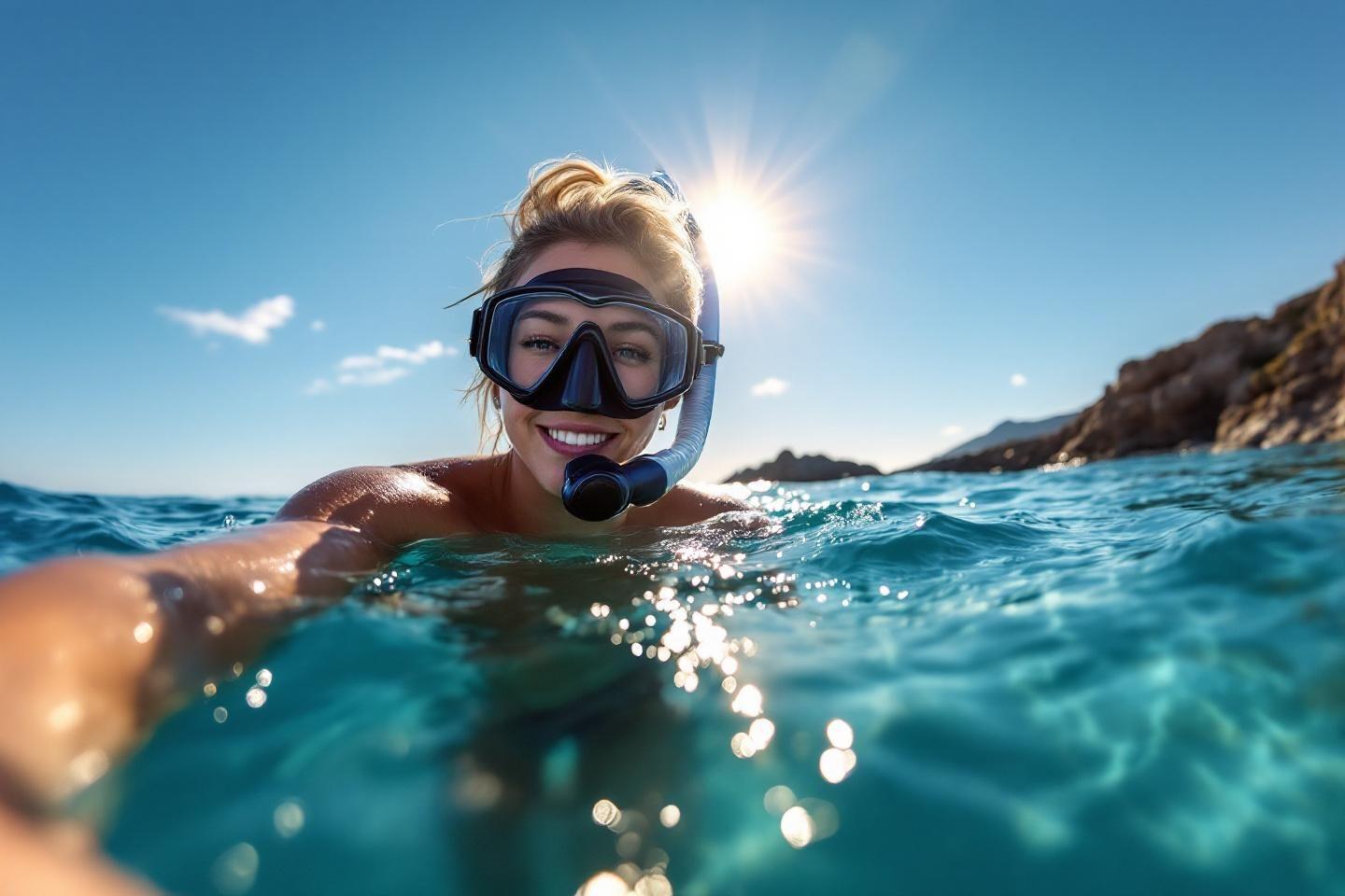 Snorkeleur souriant dans l'eau bleue avec masque et tuba